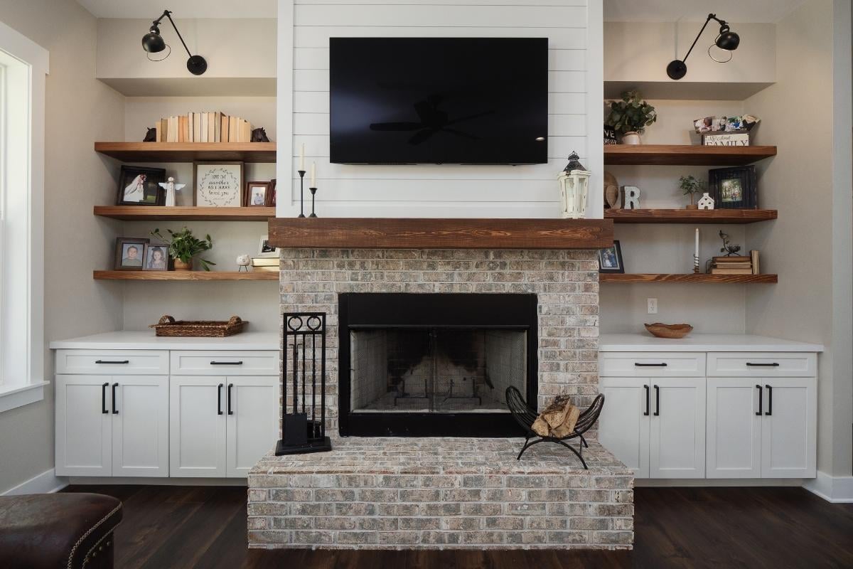 Living Room with Brick Fireplace 