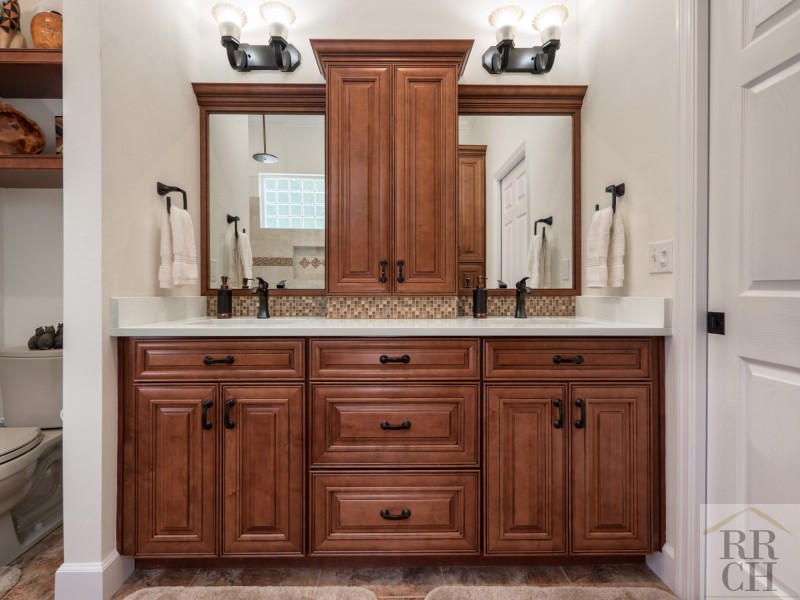 Double Wooden Vanity with Double Sinks in Bathroom Remodel