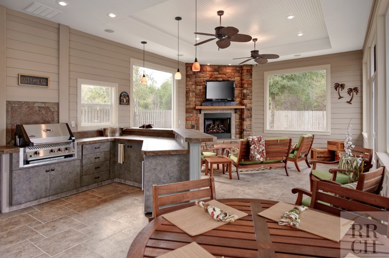 Outdoor Living Space Fireplace and Kitchen